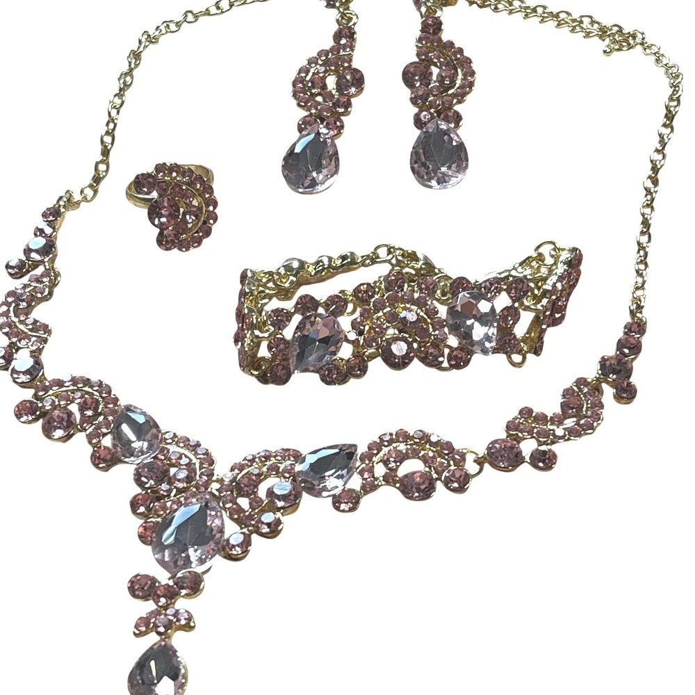 Ever Faith Pink Rhinestone Jewelry Set Wedding Bridal Necklace Earrings Bracelet